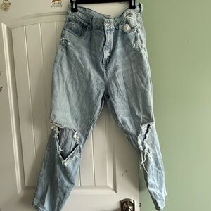American Eagle Outfitters Blue Straight Leg Jeans with Distressed Details
